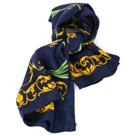 PAÑUELO SEDA NATURAL 100% AZUL OSCURO-FLORES