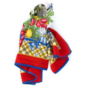 PAÑUELO SEDA NATURAL 100%  ROJO ESTAMPADO FLORES-FRUTAS