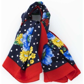 PAÑUELO SEDA NATURAL 100% ROJO-AZUL OSCURO-FLORES