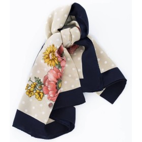 PAÑUELO SEDA NATURAL  ESTAMPADO FLORES- LUNARES-BEIGE